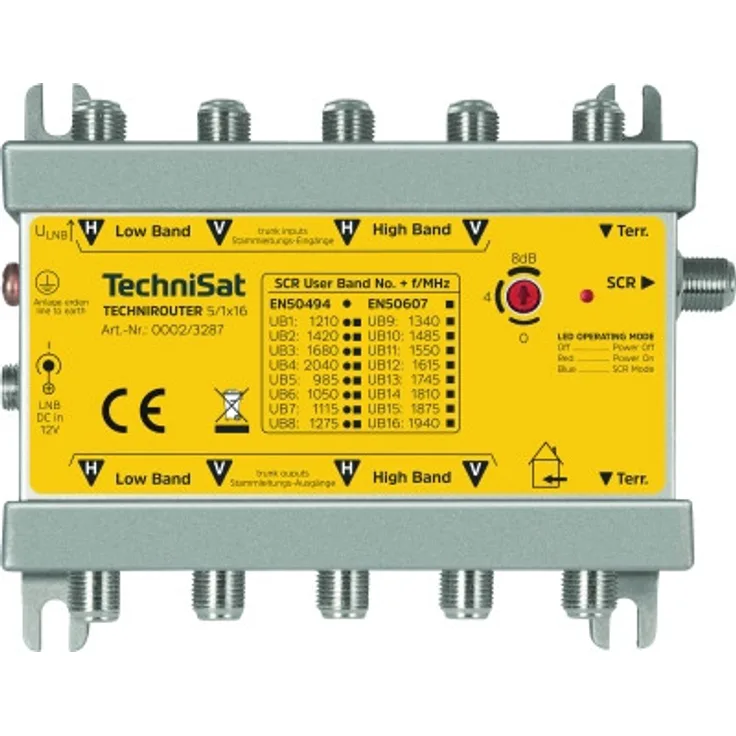 TechniSat TECHNIROUTER 5-1x16 Verteilung von einem Satellit (4 SatBlöcke) auf einen Kabelstrang für 16 Teilnehmer, Silber-gelb