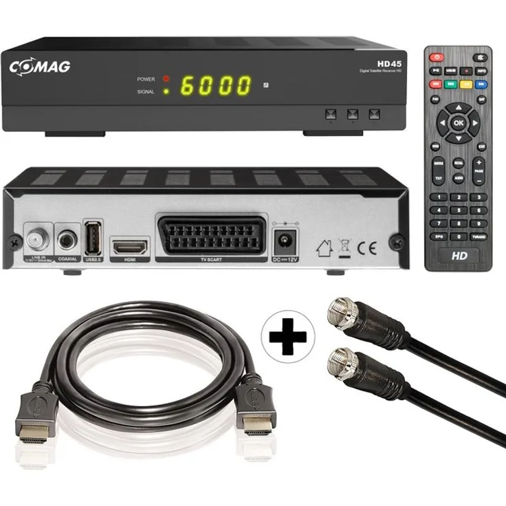COMAG HD45 Digitaler HD Sat Receiver (FULL HD, HDTV, DVB-S2, HDMI, SCART, PVR-Ready, USB 2.0) inkl. Kabelset: 1,5 HDMI Kabel + 1,5m SAT Anschlusskabel