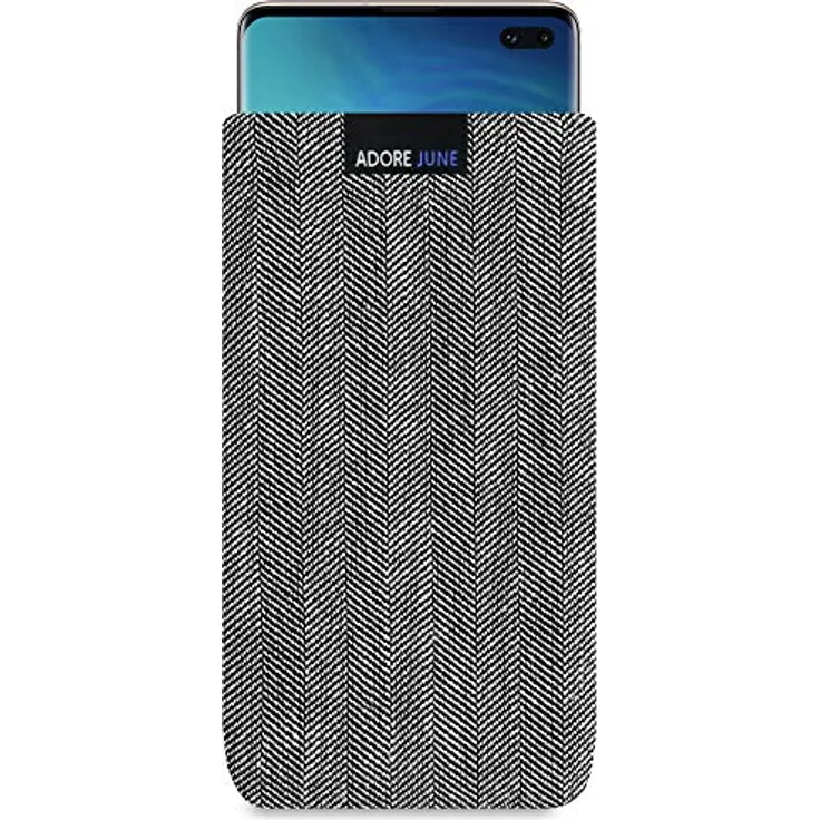 Adore June Business Tasche für Samsung Galaxy S10 Plus - S10+ Handytasche aus charakteristischem Fischgrat Stoff - Grau-Schwarz | Schutztasche Zubehör mit Display Reinigungs-Effekt | Made in Europe