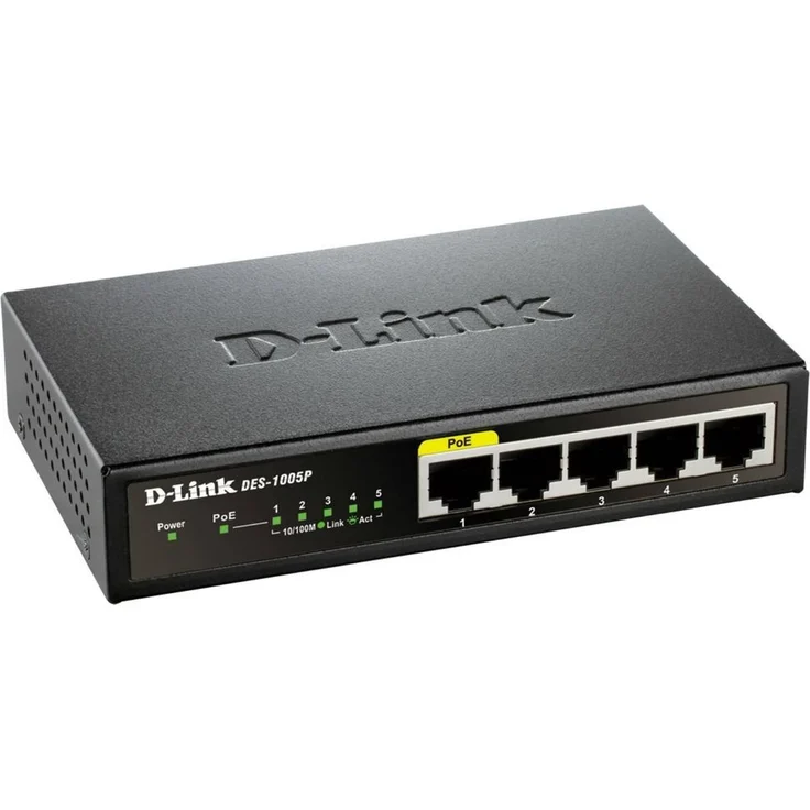 D-Link DES-1005P Fast Ethernet Switch (5-Port Layer2, 10-100 Mbit-s, PoE, einfache Plug & Play-Installation, automatische MDI-MDIX-Erkennung, lüfterlos) schwarz – Bild 1