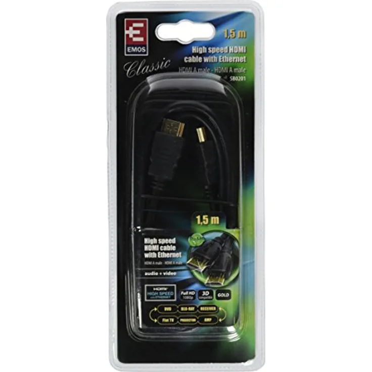 EMOS SB0201 1.5m HDMI 1.4 High Speed Kabel, A-Stecker 1,5M, Schwarz
