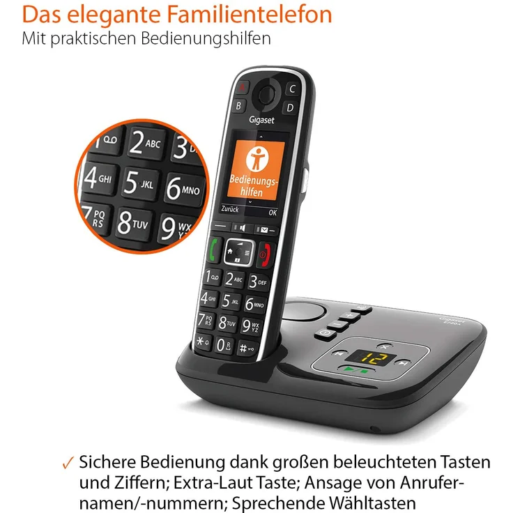 Gigaset E720A elegantes Seniorentelefon mit Anrufbeantworter und praktischen Bedienungshilfen (DECT Telefon mit Rufnummeransage, Bluetooth, SOS Funktion, einfacher Bedienung), Analog-Telefon, schwarz – Bild 3