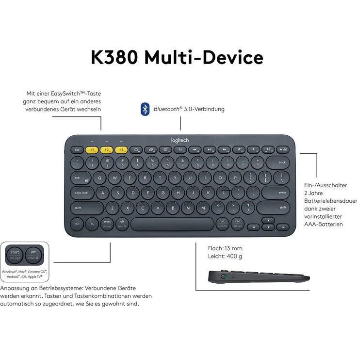 Logitech K380 Multi-Device Bluetooth Keyboard - Tastatur - Bluetooth - Deutsch QWERTZ - Schwarz (920-007566) – Bild 4