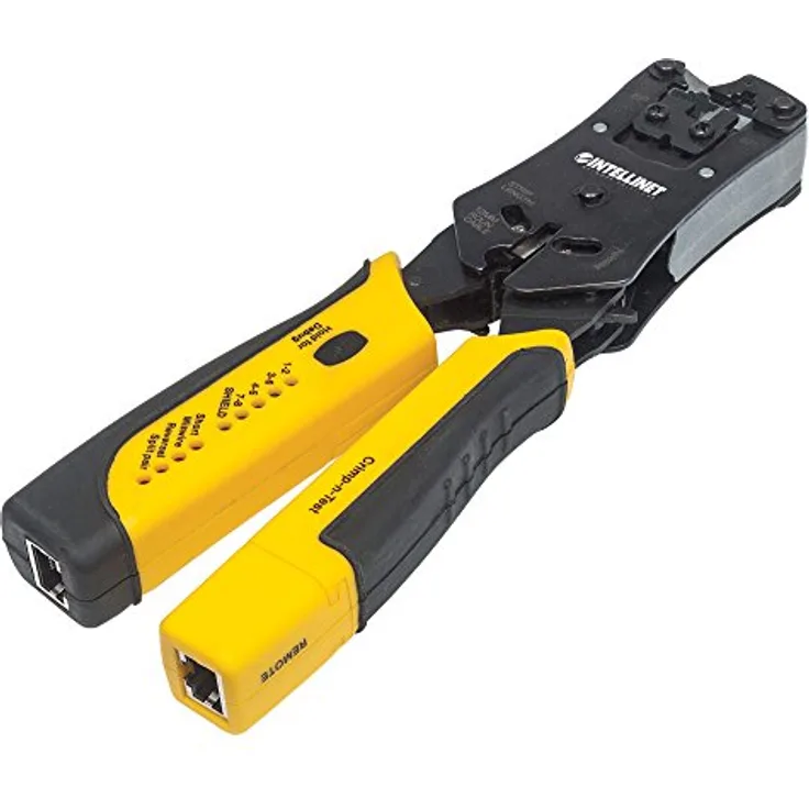 Intellinet 780124 Universal Crimpwerkzeug und Kabeltester 2-in-1-Werkzeug zum Schneiden Abisolieren Crimpen Testen schwarz gelb