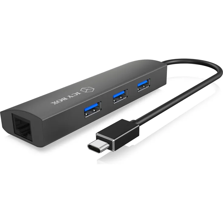 ICY BOX IB-HUB1406-C USB 3.0 Type-C Hub mit 3x USB 3.0 (Type-A) und 1x Gigabit-LAN Netzwerkanschluss, Aluminium, integriertes Kabel, grau