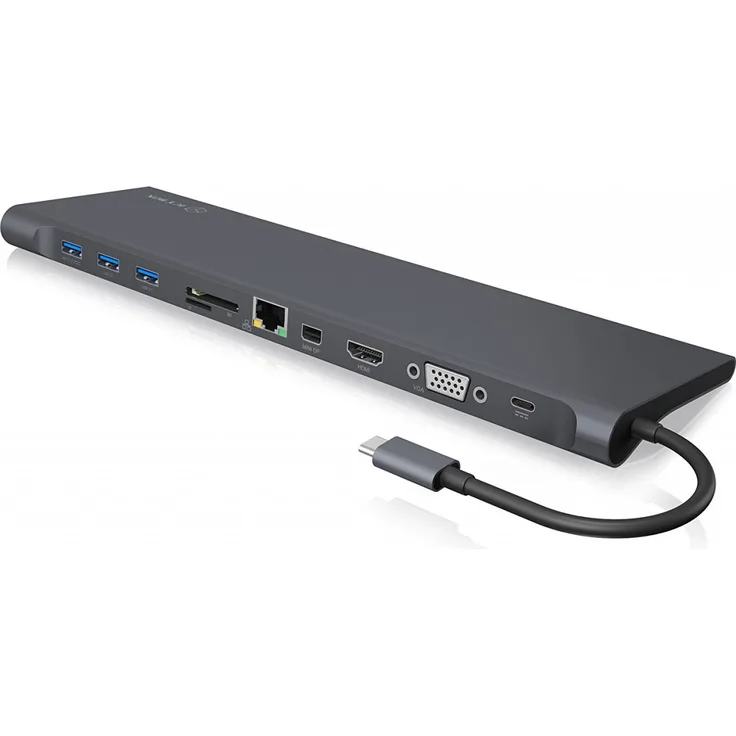 Icy Box 11-Fach USB-C DockingStation, 4K HDMI, Mini DisplayPort, VGA, LAN, PowerDelivery, 3X USB 3.0, SD und microSD Kartenleser, Audio, Aluminium Anthrazit-Schwarz