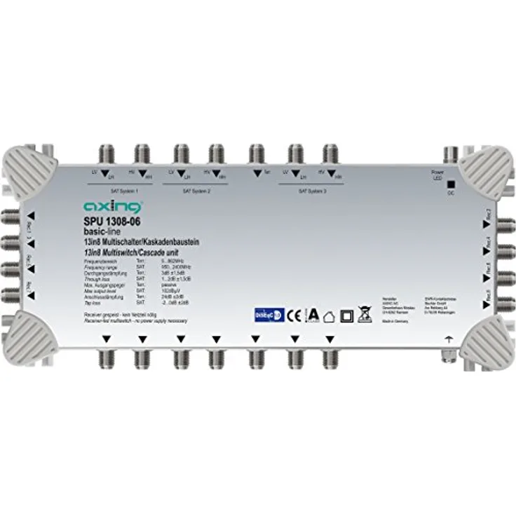 Axing SPU 1308-06 Multischalter 13 in 8 ''DiSEqC'' Multiswitch-Kaskade erweiterbar SAT aktiv hellgrau
