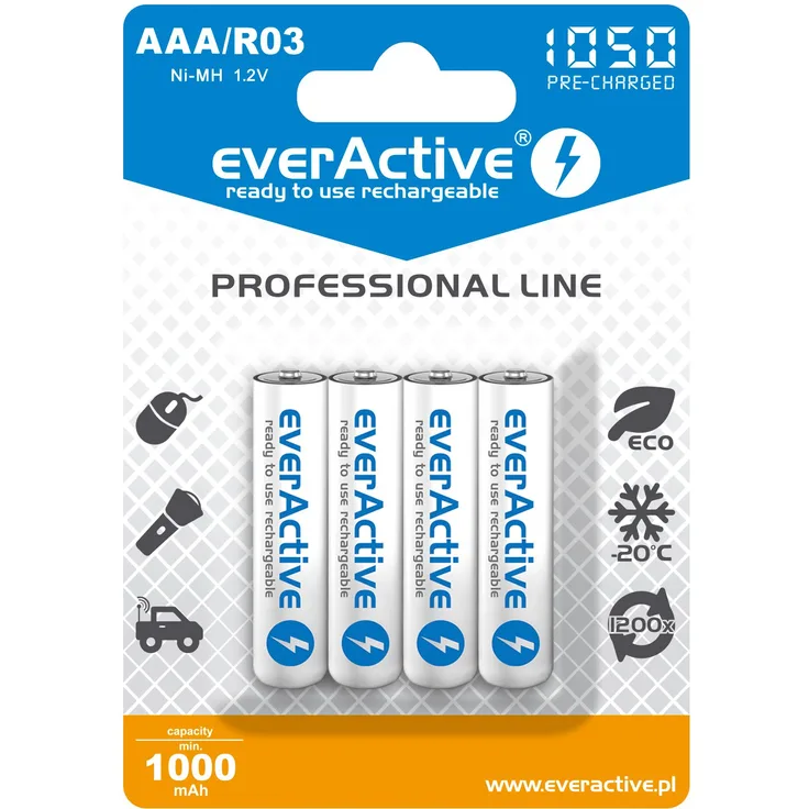 everActive Akku AAA 1050 mAh 4 Stück, NI-MH, Micro R03, wiederaufladbar, vorgeladen, höchster Leistung, Professional Line 1.2V, 1 Blisterkarte