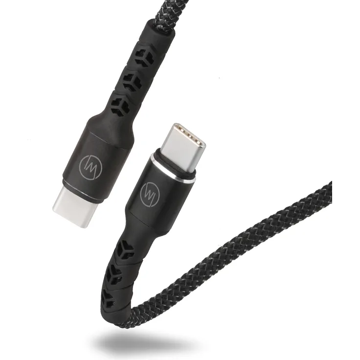 Wicked Chili 1m USB C auf USB C Fast Charge Kabel (3A - 20V - 60W) Extra Robustes Premium Ladekabel Textilkabel mit Metallsteckern und Knickschutz gegen Kabelbruch, schwarz - geflochten