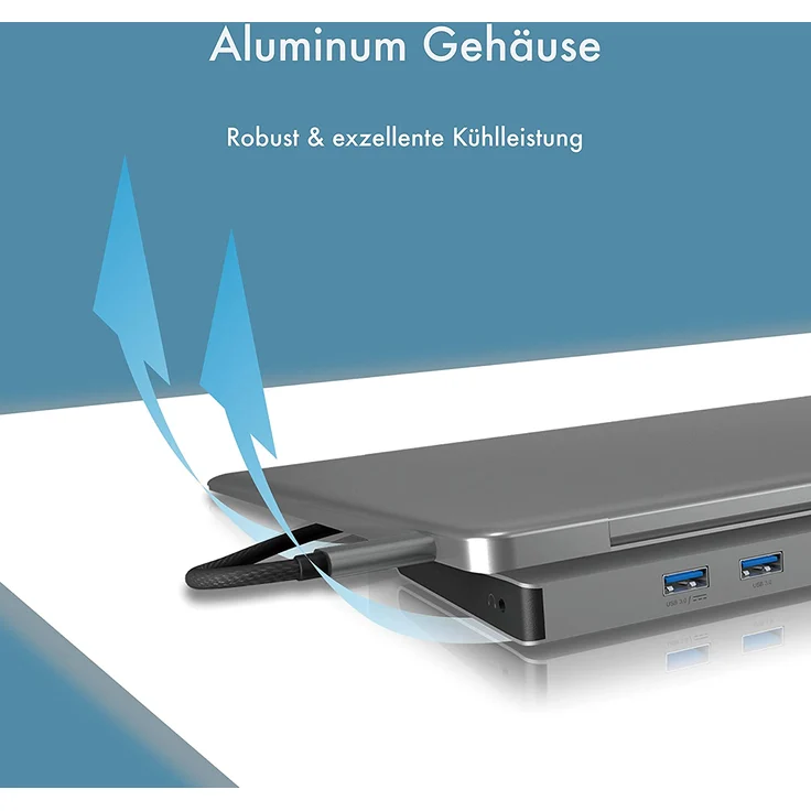 ICY BOX USB-C Docking Station für Windows, 2x HDMI, LAN, Power Delivery, USB 3.0 Hub, Kartenleser, Audio, Aluminium, Grau – Bild 2