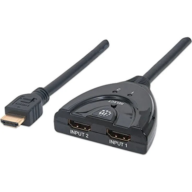 Manhattan 2-Port HDMI-Switch (HDMI 1.3, 2 Ports, integriertes Kabel, 1080p) schwarz 207416