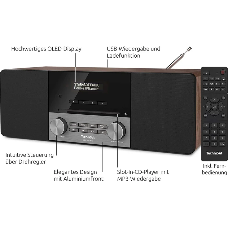TechniSat DIGITRADIO 3 CD-Radio mit Bluetooth, OLED-Display, Wecker, Nussbaum, schwarz – Bild 3