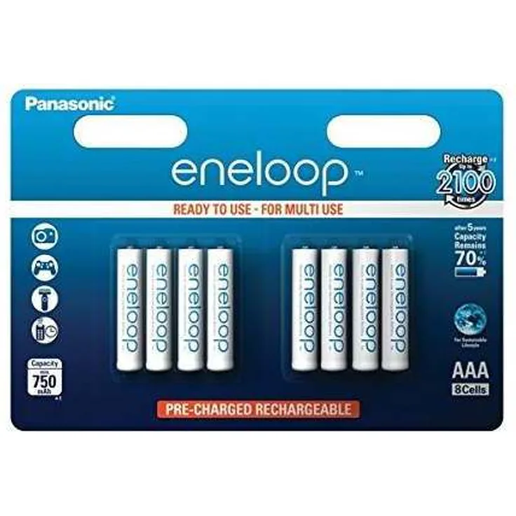Panasonic eneloop, Ready-to-Use Ni-MH Akku, AAA Micro, 8er Pack, min. 750 mAh, 2100 Ladezyklen, starke Leistung und geringe Selbstentladung, wiederaufladbare Akku Batterie