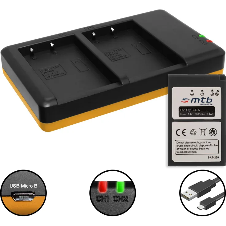 Akku + Dual-Ladegerät (USB) für BLS-5, BLS-50 / Olympus Stylus 1(s) / PEN E-PL5, PL6, PL7, PL8, PL9, PM1, PM2 / OM-D E-M10 (Mark I / II / III) ... - s. Liste! (inkl. Micro-USB-Kabel)