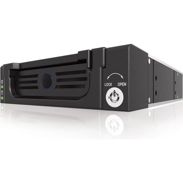 Icy Box IB-138SK-B-II Wechselrahmen für 1x 3,5'' (8,9 cm) SATA Festplatte für 1x 5,25'' Schacht, Lüfter, SATA III, Schloss, Aluminium, Schwarz