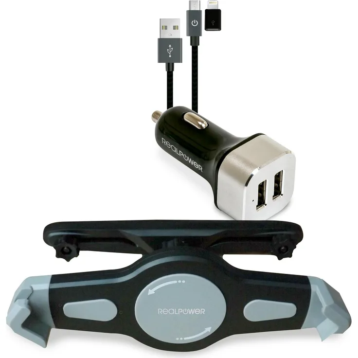 Realpower Tablet Car Set - Auto-Netzteil - 2.4 A - 2 Ausgabeanschlussstellen (2 x USB) - auf Kabel: Micro-USB, Lightning