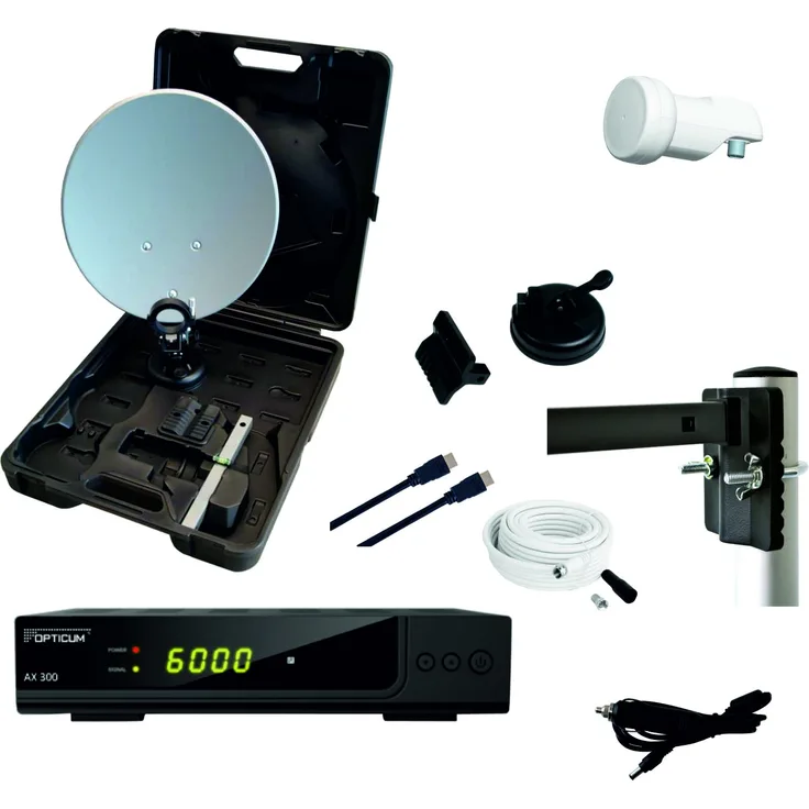 Opticum Camping Balkon HDTV Sat-Anlage mit HD AX300 Satelliten-Receiver (Single-LNB,Kabel (10m),HDMI-Kabel)