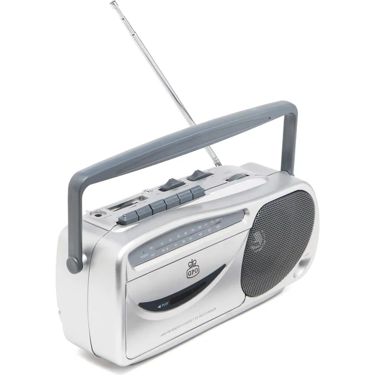 GPO W 9401 Retro Tragbares AM/UKW Radio - Kassettenrekorder mit Kopfhörer- und Mikrofonanschluss, Silber
