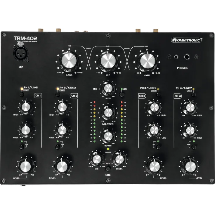 Omnitronic TRM-402 4-Kanal Rotary-Mixer mit 3-Band-Frequenzisolator | Gainregler, 2-Band-Equalizer und Phono-Line-Umschaltung | Effektive Boost- und Kill-Funktion | Blue Velvet RK27 Potentiometer