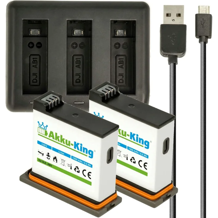 3-fach Ladestation + Akku Li-Ion 1300mAh kompatibel mit DJI AB1 P01 für DJI Osmo Action Cam Ladestation mit 2x Akku