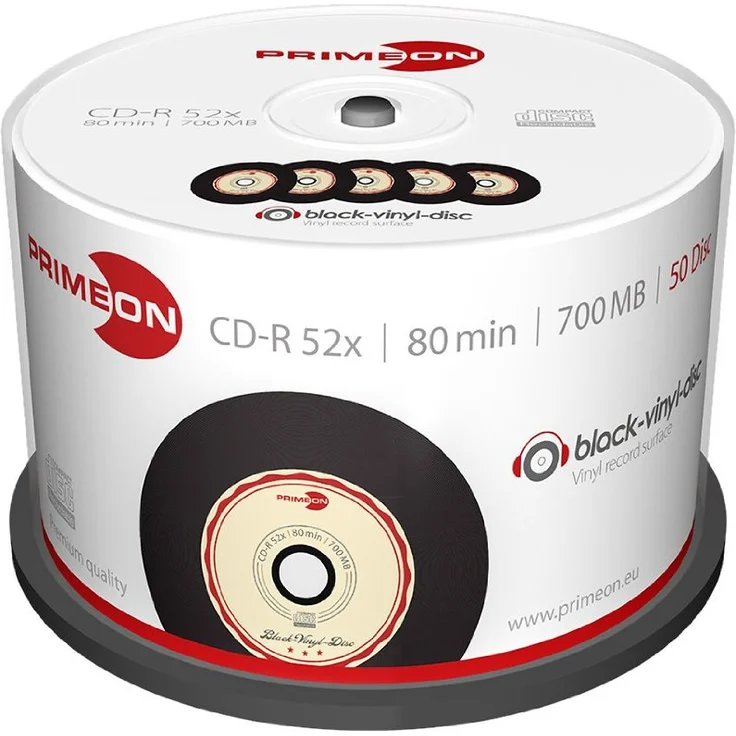 PRIMEON CD-R 80Min-700MB-52x Cakebox (50 Disc), black-vinyl-disc Surface - Preisvergleich – Bild 1