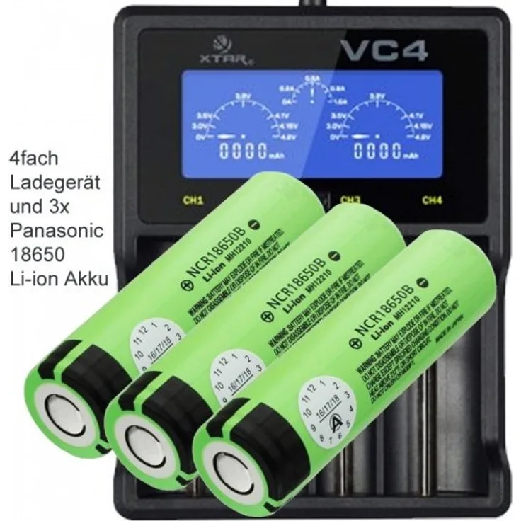3x Panasonic 18650 Li-Ion Akku und 4fach Li-Ion Schnell-Ladegerät