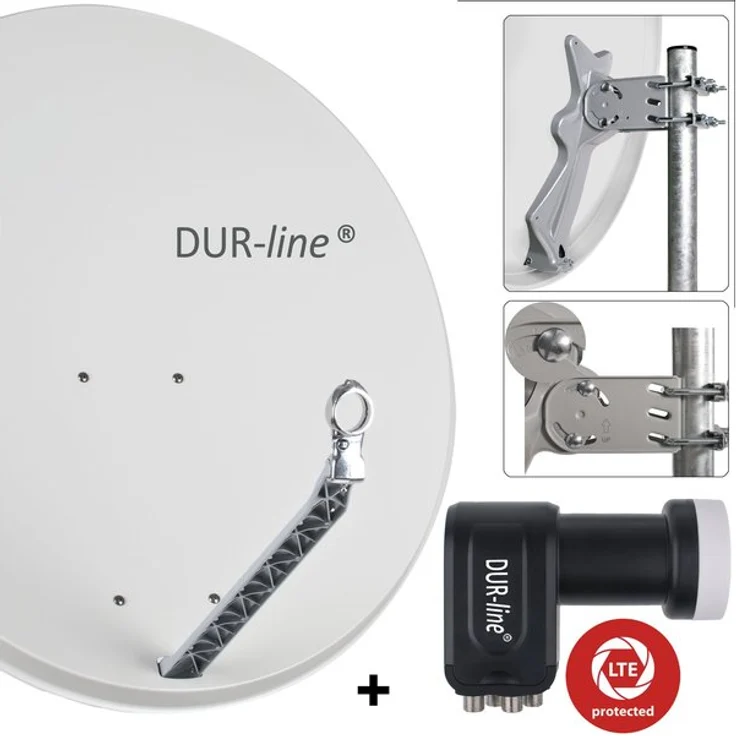 DUR-line 4 Teilnehmer Set - Qualitäts-Alu-Satelliten-Komplettanlage - Select 85/90cm Spiegel/Schüssel Hellgrau + Quad LNB - für 4 Receiver/TV [Neuste Technik, DVB-S2, 4K, 3D] – Bild 1