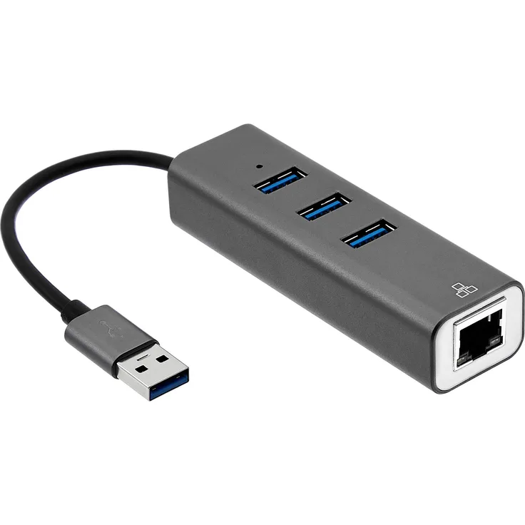 AmazonBasics – USB-3.0-Hub mit 3 x USB-3.0-Ports und 1 x RJ45-Gigabit-Ethernet-Port, Aluminium, Grau