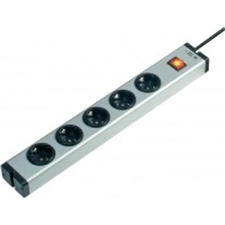 EHMANN 0601x00052031 Alu Universal Aluminium Steckdosenleiste 5-Fach mit beleuchtetem Schalter, 1,5 m Zuleitung