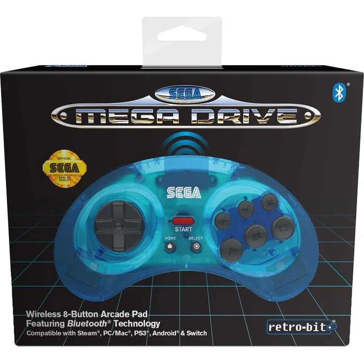 Retro-Bit Official SEGA Mega Drive Wireless Bluetooth Controller 8-Button Arcade Pad for PC, Switch, Mac, Steam, RetroPie, Raspberry Pi - Clear Blue