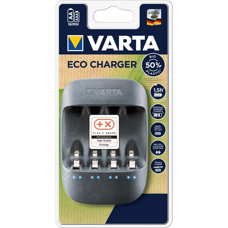 Varta Eco Charger (geeignet für 4 AA-AAA Akkus, Gehäuse aus 50% Bioplastik mit Einzelschacht- und Erhaltungsladung, Verpackung aus 90% recyceltem Material) – Bild 2