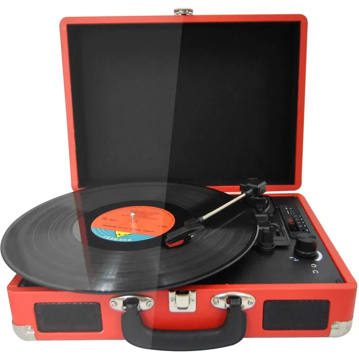 PRIXTON - Vintage Vinyl-Plattenspieler, Vinyl-Player und Musik-Player über Bluetooth und USB, 2 eingebaute Lautsprecher, Plattenspieler Koffer, Farbe Rot | VC400 – Bild 1