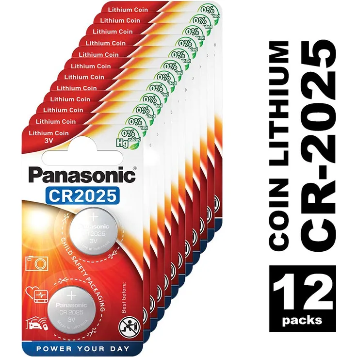 Panasonic CR2025 Lithium Knopfzelle, 3V, 12 Packungen (24 Stück)