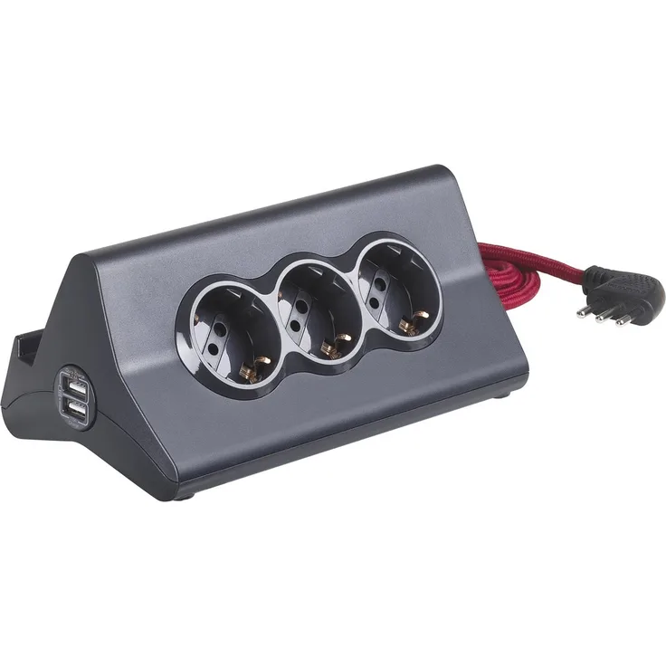 BTicino Stardesk Mehrfachsteckdose für den Schreibtisch mit 10 A Stecker, 3 Steckdosen P30, 2 USB-Stecker, mit Schalter, Kabellänge: 2 Meter, Farbe: Weiß, S3713DBU, schwarz, S3713GBU