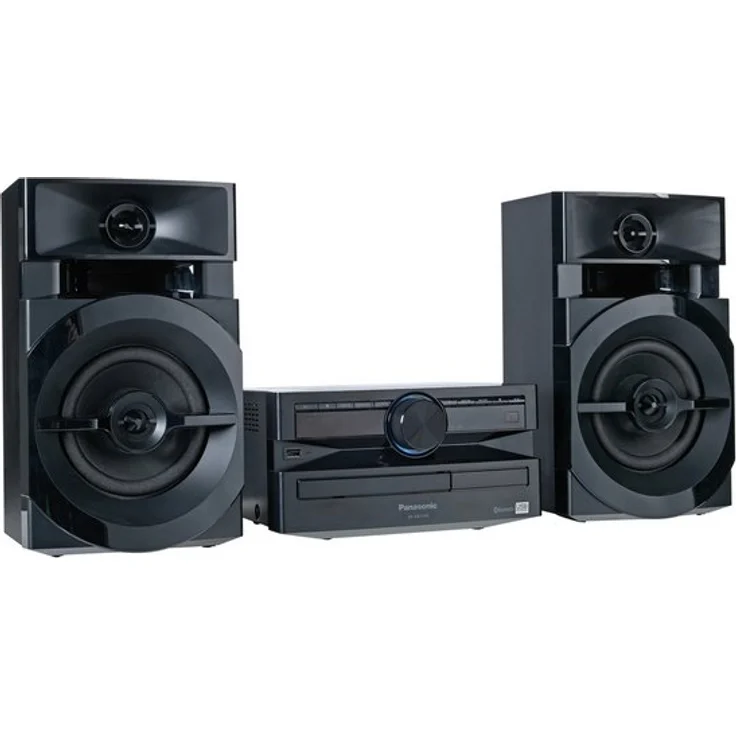 Panasonic Mini-System, 300 W, 2-Wege-Lautsprecher, Woofer:13 cm, CD-Player, CD-R-R W, Bluetooth, USB, 30 FM-15AM RDS, AUX, Audio-Qualität, blaue Beleuchtung, Schwarz FM-AM RDS-Radio blau – Bild 1