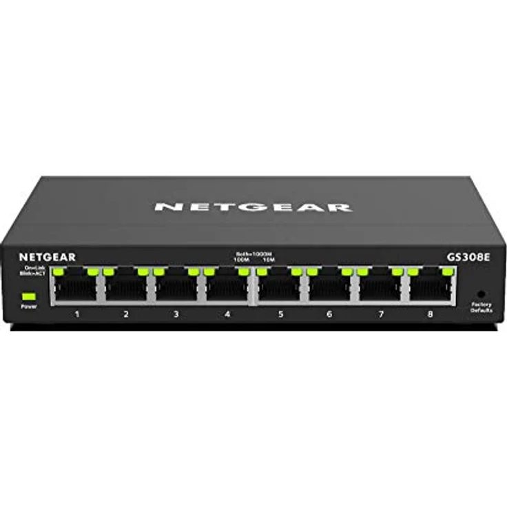Netgear GS308E 8 Port Gigabit Ethernet LAN Switch Smart Managed Plus (Plug-and-Play, IGMP Snooping, QoS- und VLAN-Verwaltung, robustes und lüfterloses Metallgehäuse) – Bild 1