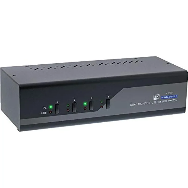 InLine 62644I KVM Desktop Switch, 4-fach, Dual Monitor, Displayport + HDMI, 4K, USB 3.0, Audio