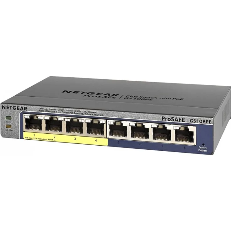 Netgear GS108PE 8-Port Gigabit Ethernet LAN PoE Switch Smart Managed Plus (mit 4x PoE 53W Gesamtbudget, Desktop- oder Rack-Montage mit ProSAFE Lifetime-)