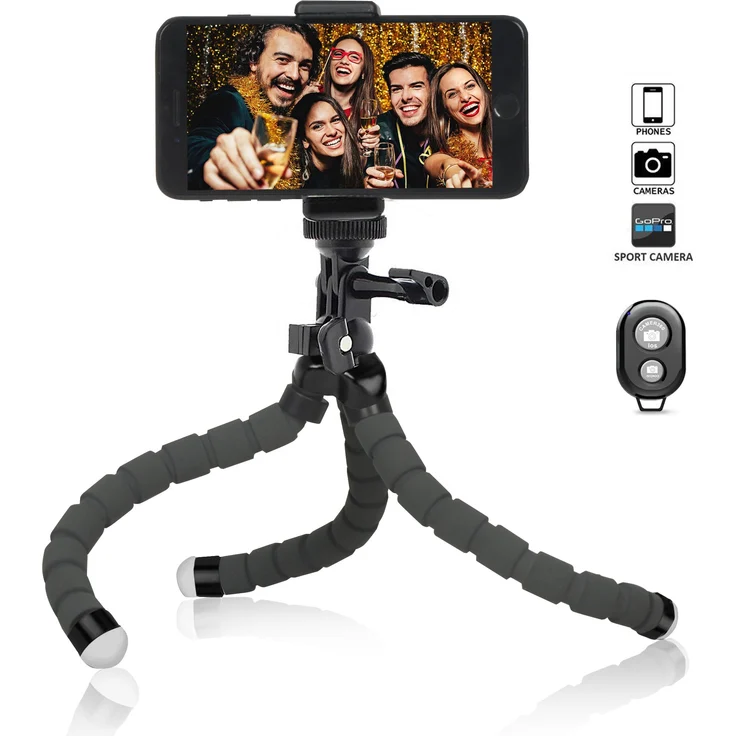 Handy Stativ Flexibel iPhone Stativ Halterung Kamera Stativ Mini Dreibeinstativ Reisestativ mit Bluetooth Fernbedienung für Iphone, Android Phones, Kameras, und GoPro – Bild 1