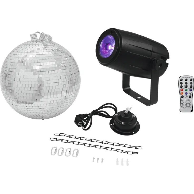 Eurolite Set Spiegelkugel 30 cm mit Motor + LED Pinspot PST-5 QCL schwarz mit 5-Watt-4in1-LED in RGBW