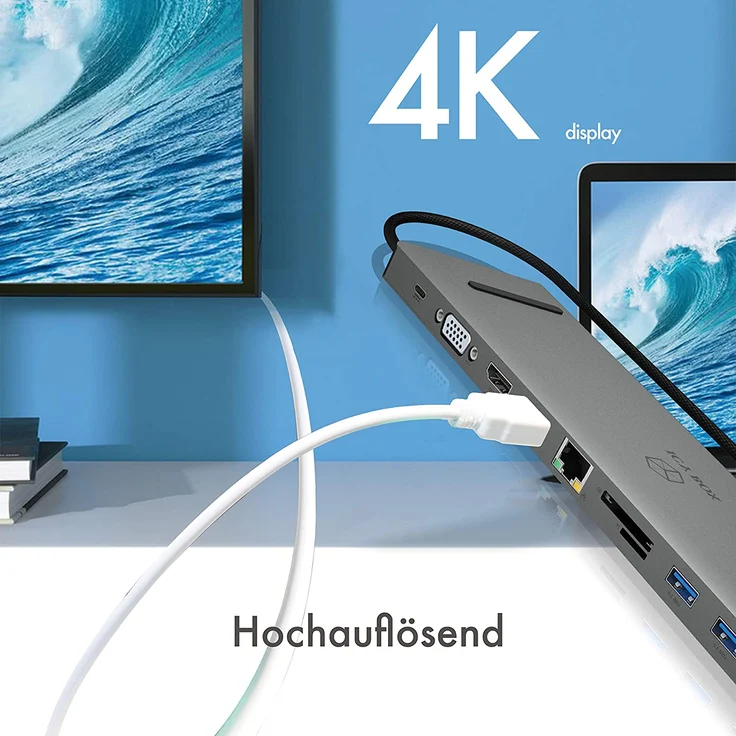 ICY BOX USB-C Docking Station für Windows, 2x HDMI, LAN, Power Delivery, USB 3.0 Hub, Kartenleser, Audio, Aluminium, Grau – Bild 3