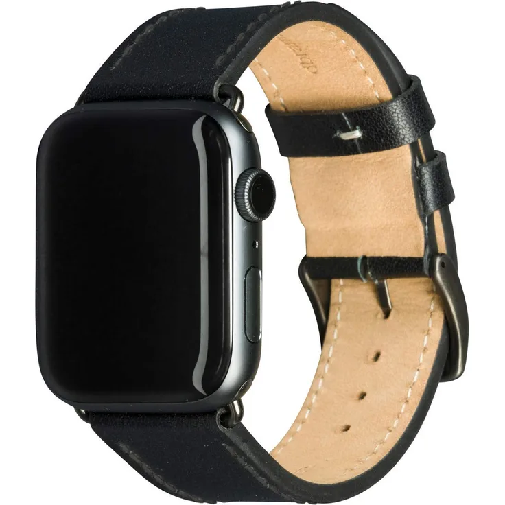 dbramante1928 Echtleder-Uhrenarmband kompatibel mit Apple Watch (42/44mm) Modell: Copenhagen, Vollnarbenleder, Handgefertigt, schwarz / space grau - AW44BLSG1033