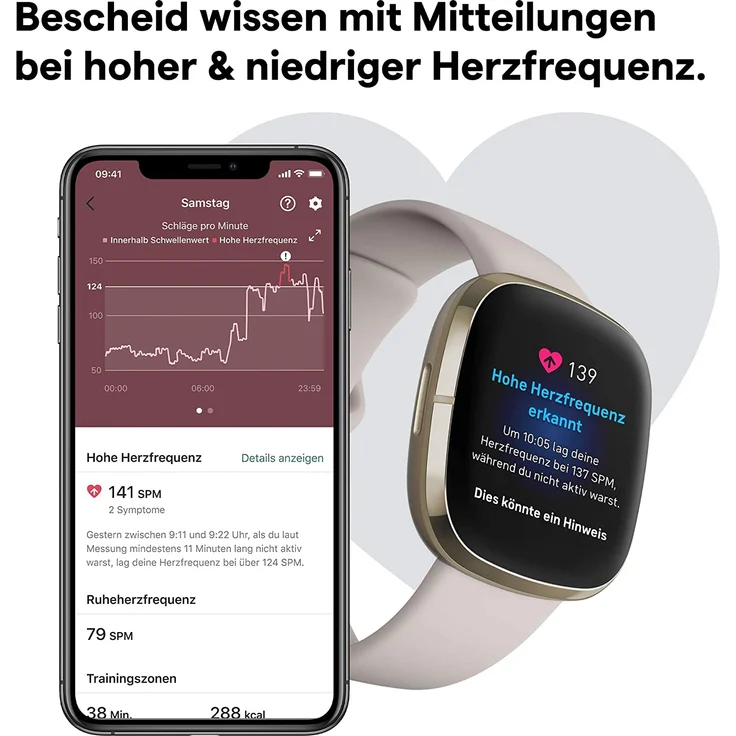 Fitbit Sense Smartwatch GPS, Unisex, S/L, Edelstahlgehäuse, Softgold/Mondweiß – Bild 13