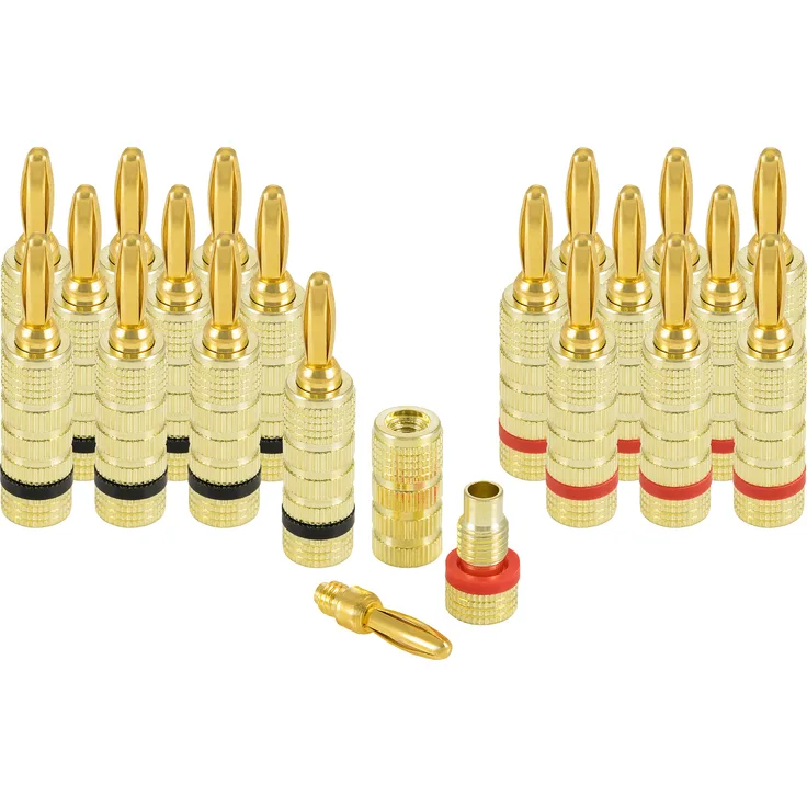Poppstar 20x High End Bananenstecker (3-teilig), Bananas für Lautsprecherkabel (bis 4 mm²), Lautsprecher, AV Receiver, 24k vergoldet (10x schwarz, 10x rot)