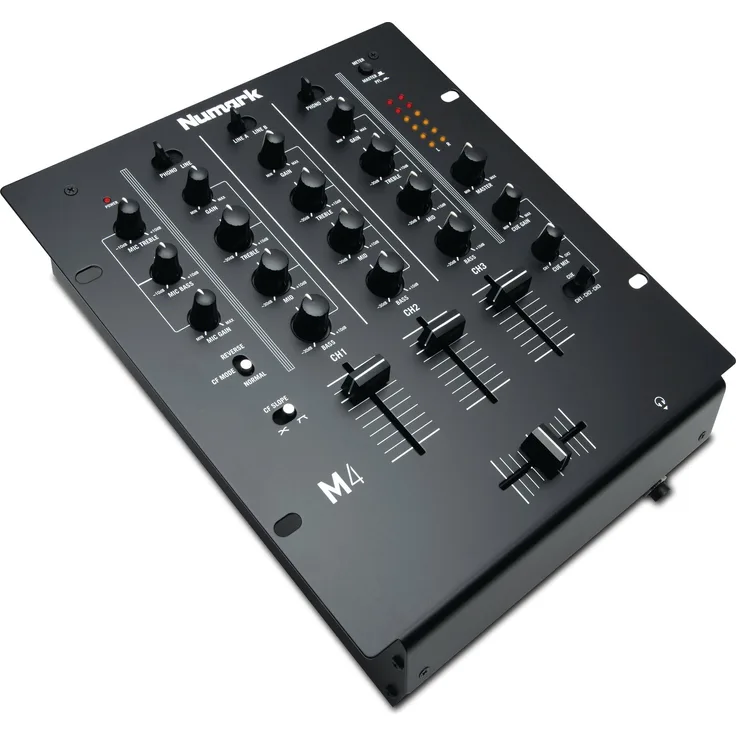 Numark M4 - 3-Kanal DJ-Scratch-Mixer, rack-einbaufähig, mit 3-Band-Equalizer, für die Disco ausgelegten Eingängen, Mikrofon-Eingang, austauschbarem Crossfader und Reverse--Slope-Reglern
