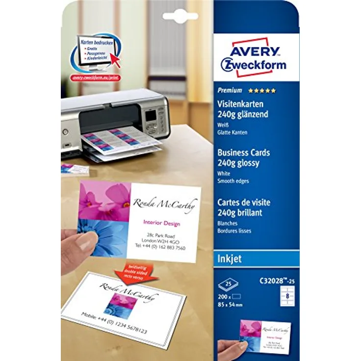 AVERY Zweckform C32028-25 Premium Visitenkarten, blanko (250 Stück, 240g, 85x54 mm, beidseitig bedruckbar, glänzend weiß, absolut glatte Kanten, 25 Blatt) zum Selbstbedrucken auf Inkjet-Druckern