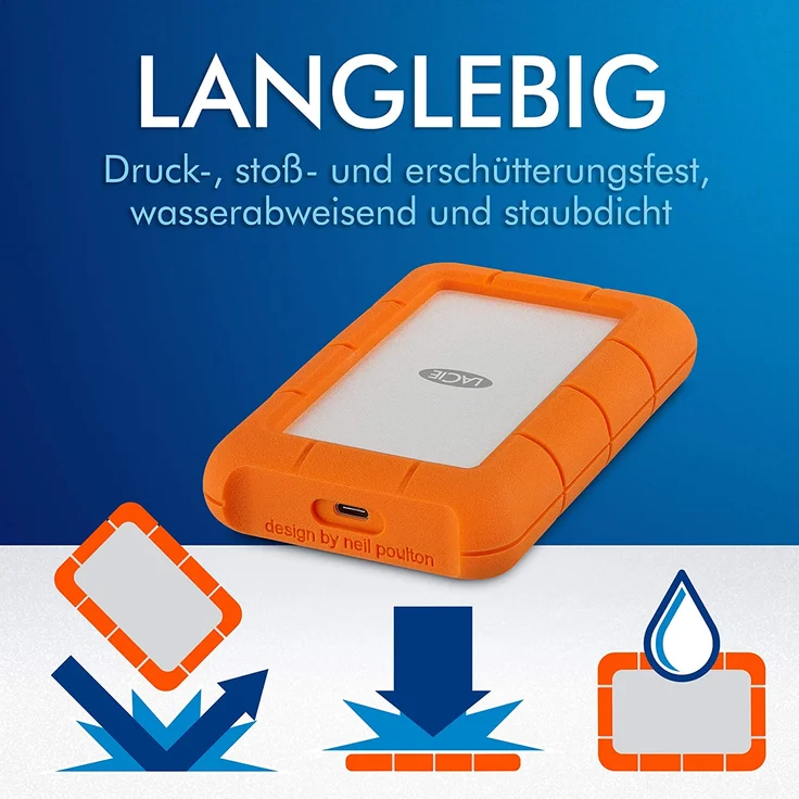 LaCie Rugged USB-C - Festplatte - 4 TB - extern (tragbar) - USB 3.1 Gen 1 (USB-C Steckverbinder) - orange (STFR4000800) – Bild 3