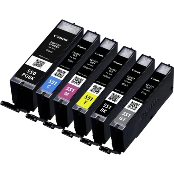 Canon PGI-550PGBK CLI551 (PGBK/C/M/Y/BK/GY) Schwarz, Grau, Pigment schwarz, Gelb – Bild 1