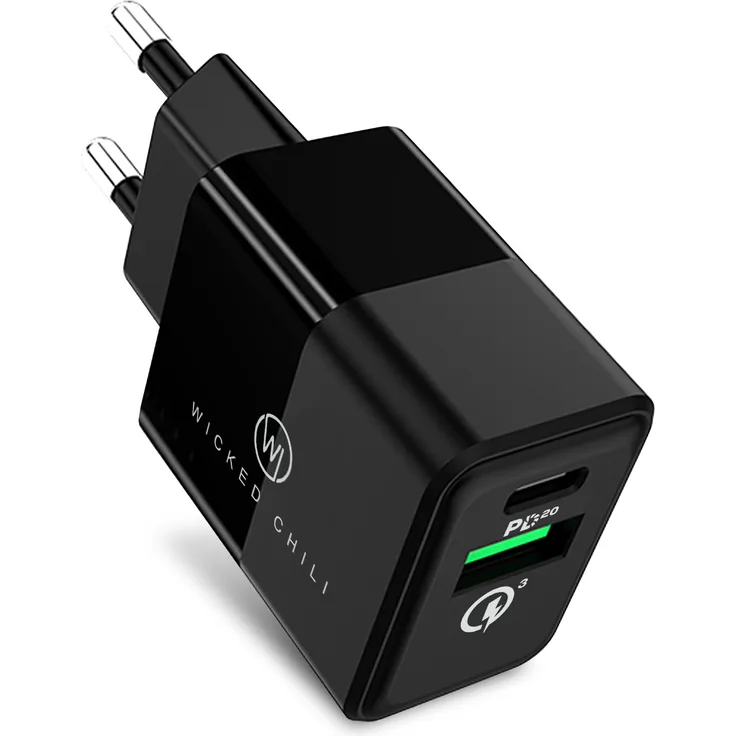 Wicked Chili 20W Dual USB-Netzteil mit Quick Charge und USB C PD - Schnellladegerät kompatibel mit iPhone 12, Xiaomi, LG, Magsafe Ladegerät, 20W PD 3.0 & QC 3.0 Dual-Port Lade-Adapter, schwarz