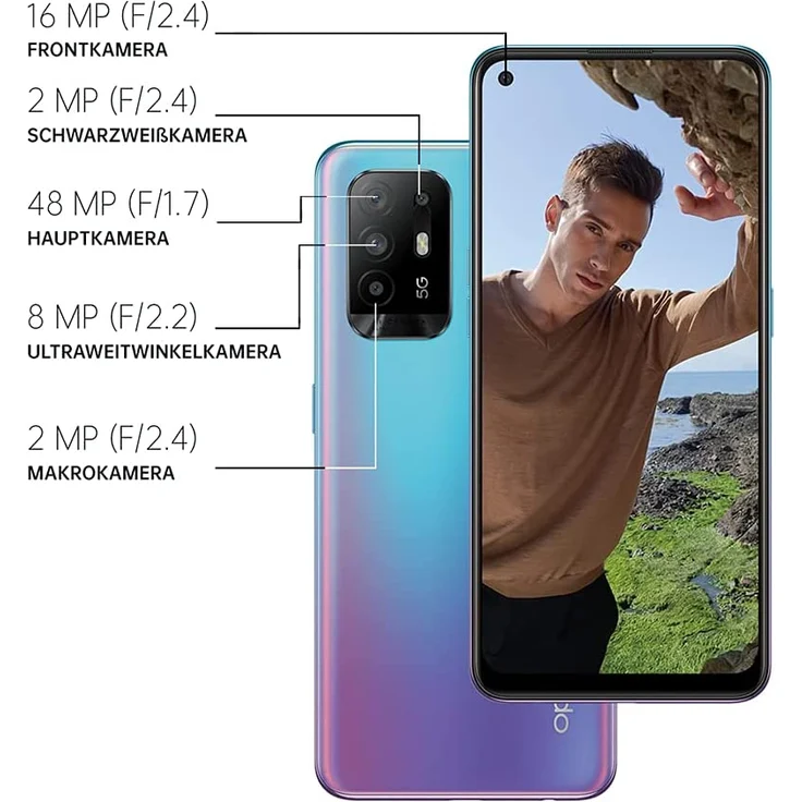 Oppo A94 5G Smartphone 16,26cm (6,42 Zoll) AMOLED-Display, 128GB interner Speicher, 8GB RAM, Dual-SIM, Android 11, Cosmo Blue – Bild 2